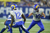 Los Angeles Rams' Cooper Kupp (10) runs during the first half of an NFL football game against the Indianapolis Colts, Sunday, Sept. 19, 2021, in Indianapolis. (AP Photo/Michael Conroy)