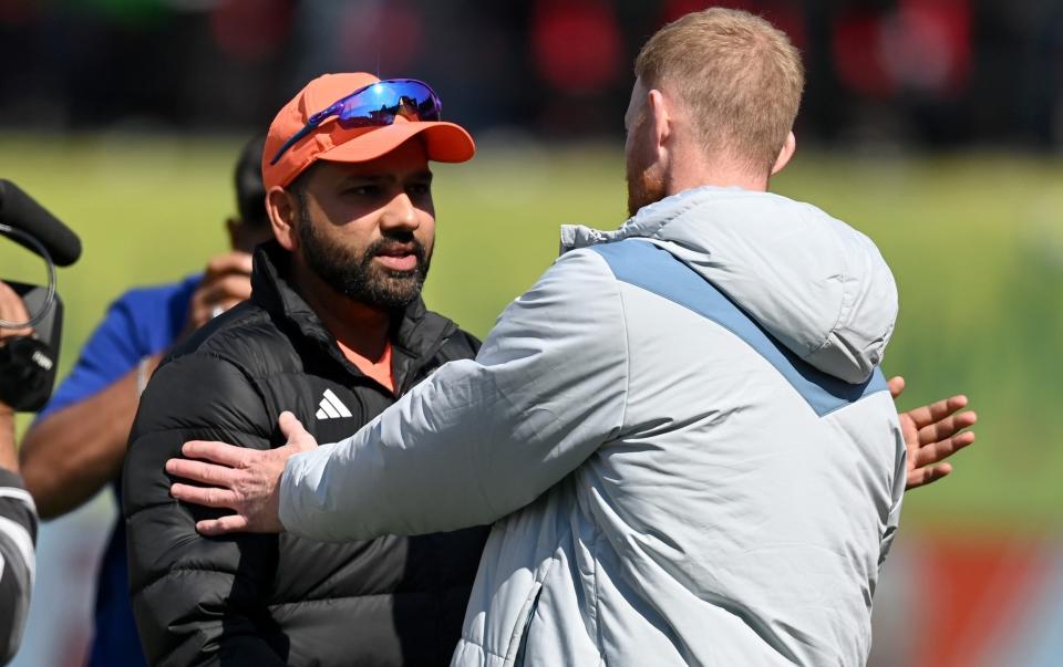 Ben Stokes shakes hands with the Indian captain Rohit Sharma after the home side clinched a 4-1 series victory