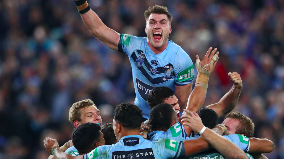 NSW celebrate after clinching the Origin series with an 18-14 win in Game II. Pic: Getty