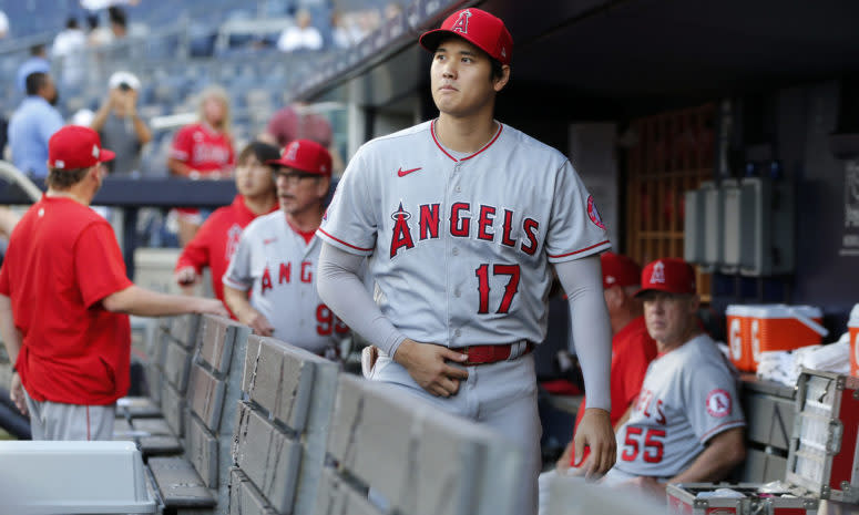 Shohei Ohtani in the dugout for the Angels.