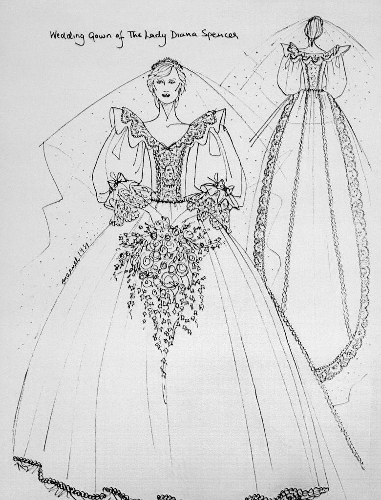 A sketch of Princess Diana's wedding dress, royal wedding, bridal