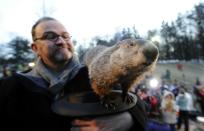 PUNXSUTAWNEY, PA - FEBRUARY 2: Groundhog handler Ben Hughes watches Punxsutawney Phil after he did not see his shadow predicting an early spring during the 125th annual Groundhog Day festivities on February 2, 2011 in Punxsutawney, Pennsylvania. Groundhog Day is a popular tradition in the United States and Canada. A smaller than usual crowd this year of less than 15,000 people spent a night of revelry awaiting the sunrise and the groundhog's exit from his winter den. If Punxsutawney Phil sees his shadow he regards it as an omen of six more weeks of bad weather and returns to his den. Early spring arrives if he does not see his shadow causing Phil to remain above ground. (Photo by Jeff Swensen/Getty Images)