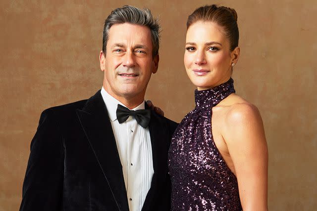 <p>Dan Doperalski/Getty</p> Jon Hamm and Anna Osceola at the portrait booth at the 81st Golden Globe Awards held at the Beverly Hilton Hotel on January 7, 2024 in Beverly Hills, California.