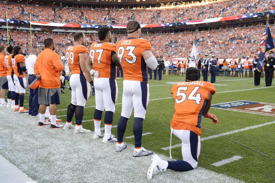 <p>Linebacker Brandon Marshall (54) of the Denver Broncos takes a knee during the national anthem before the first quarter. The Denver Broncos hosted the Carolina Panthers on Thursday, September 8, 2016. (Photo by John Leyba/The Denver Post via Getty Images) </p>