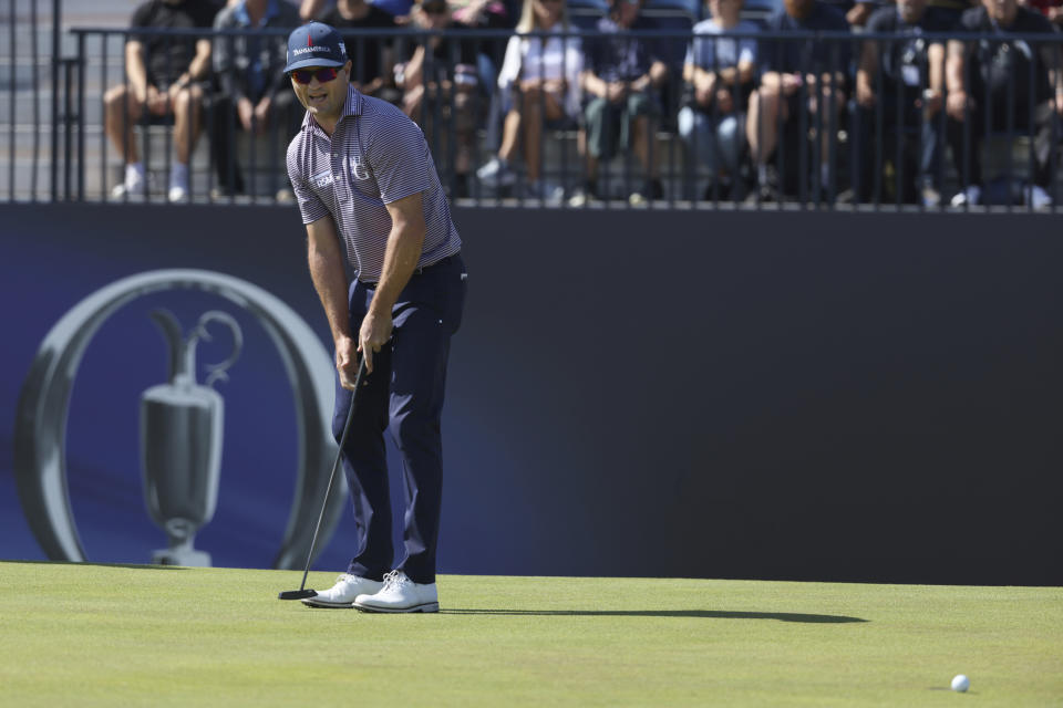 United States' Zach Johnson putt on the 17th green during a practice round for the British Open Golf Championships at the Royal Liverpool Golf Club in Hoylake, England, Wednesday, July 19, 2023. The Open starts Thursday, July 20. (AP Photo/Peter Morrison)