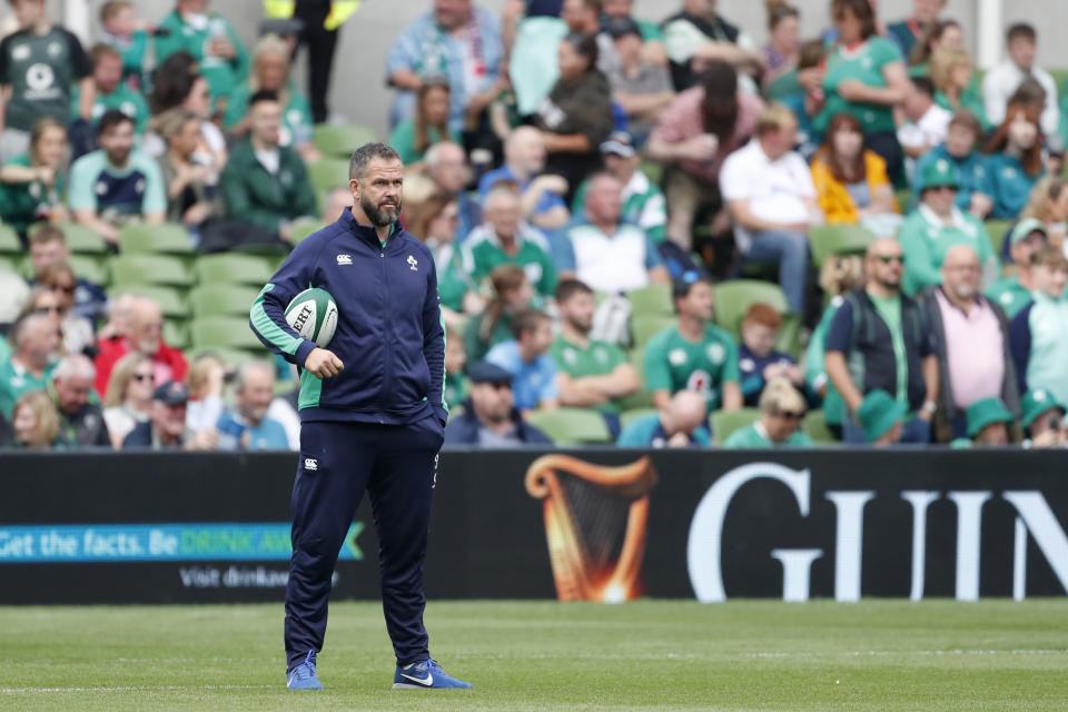 Ireland's head coach Andy Farrell watches on players warm up for the international rugby union match between Ireland and England, at Aviva Stadium, Dublin, Ireland, Saturday, Aug. 19, 2023. (AP Photo/Peter Morrison)