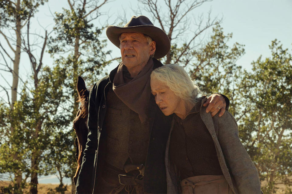 In the past year, Ford has appeared in his first major TV roles. From left: Ford in the Paramount plus series 1923 as Jacob Dutton with Helen Mirren, whom he also starred alongside in 1986’s The Mosquito Coast.