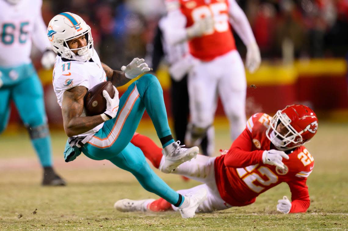 Miami Dolphins wide receiver Cedrick Wilson Jr. (11) is catches a pass during an NFL Wildcard playoff game against the Kansas City Chiefs on Jan. 13. He racked up 2,640 receiving yards and 18 touchdowns in two seasons at Boise State. Reed Hoffmann/AP