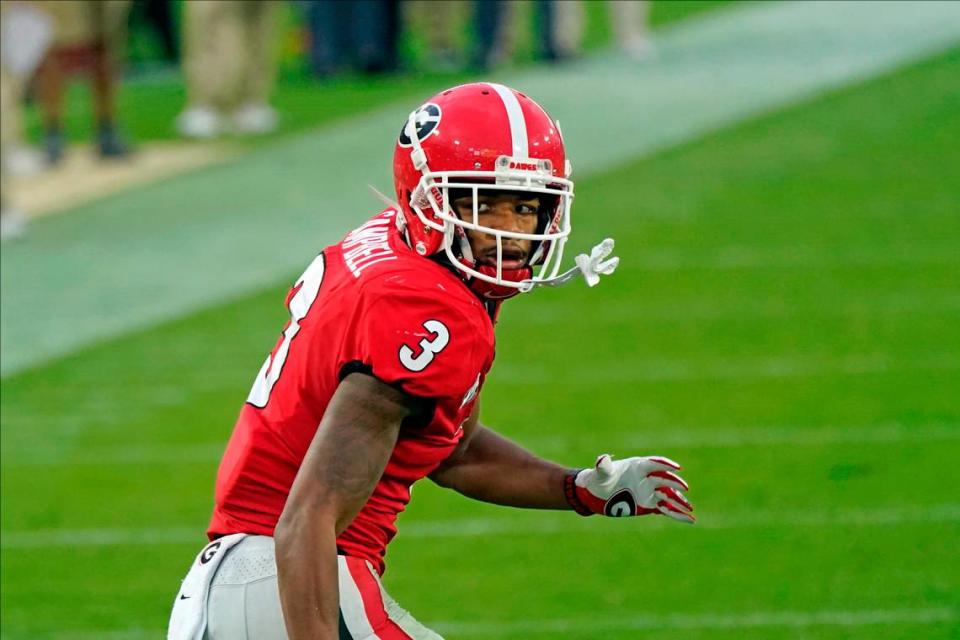 Georgia defensive back Tyson Campbell (3) covers a play against Florida during the first half of an NCAA college football game, Saturday, Nov. 7, 2020, in Jacksonville, Fla. (AP Photo/John Raoux)