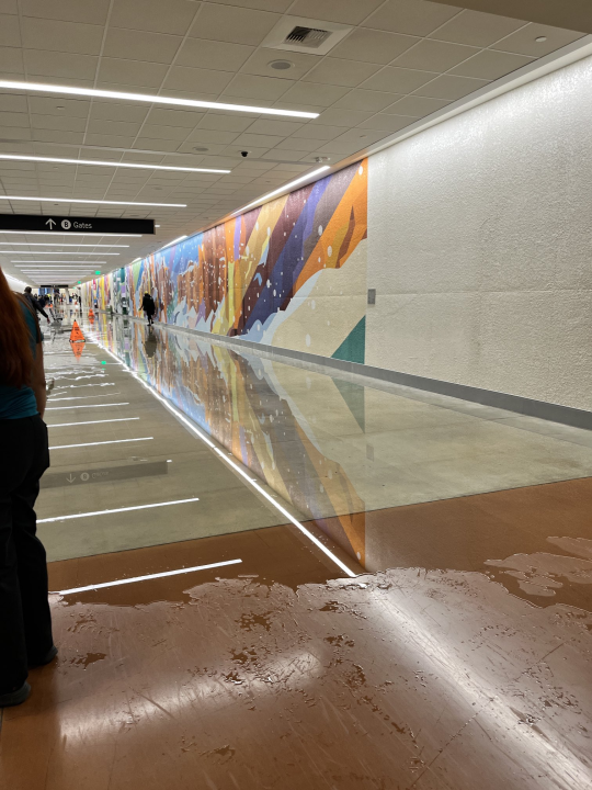 A photo of the water leak in the mid-concourse tunnel.