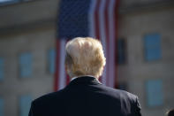 <p>President Donald Trump stands for the national anthem during a ceremony to mark the anniversary of the Sept. 11 terrorist attacks, Sept. 11, 2017, at the Pentagon. (Photo: Evan Vucci/AP) </p>