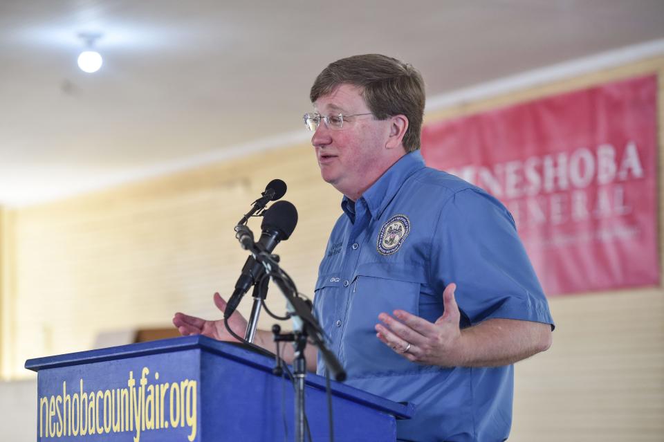 Mississippi Governor Tate Reeves speaks at the Neshoba County Fair in Philadelphia, Miss., Thursday, July 28, 2022.