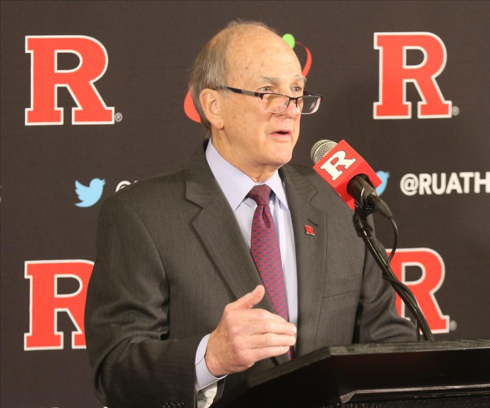 Former Rutgers President Robert Barchi announcing that Greg Schiano would return for his second tour as Rutgers head football coach in December of 2019.