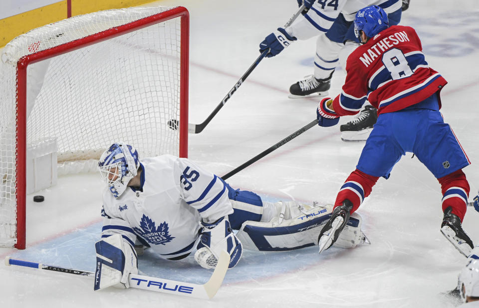 Montreal Canadiens' Mike Matheson (8) scores against Toronto Maple Leafs goaltender Ilya Samsonov during the first period of an NHL hockey game Saturday, March 9, 2024, in Montreal. (Graham Hughes/The Canadian Press via AP)