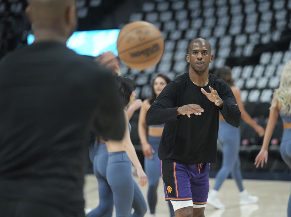 Phoenix Suns guard Chris Paul works out before the Western Conference semifinals against the Denver Nuggets at Ball Arena in Denver on May 9, 2023.