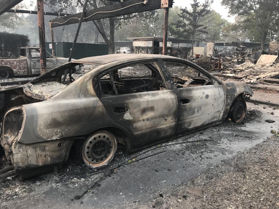 The remains of a car found in a destroyed Santa Rosa neighborhood