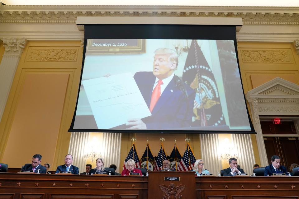 Former President Donald Trump speaks in a video exhibit as the House select committee investigating the Jan. 6 attack on the U.S. Capitol continues to reveal its findings of a year-long investigation, at the Capitol in Washington, Monday, June 13, 2022