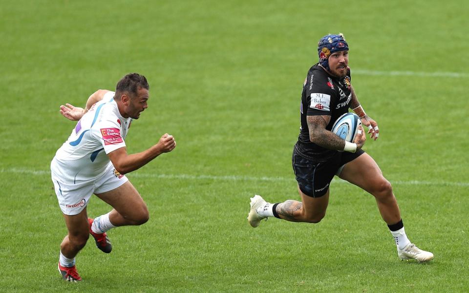 Jack Nowell evades Phill Dollman during Exeter's intra-squad match last week - GETTY IMAGES