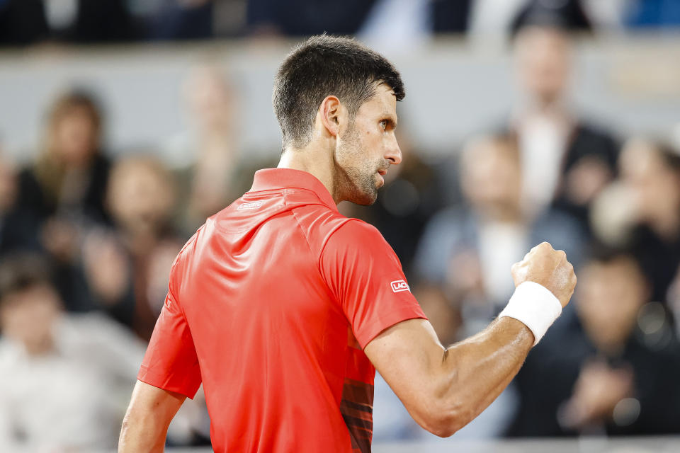 Novak Djokovic, pictured here celebrating after beating Yoshihito Nishioka at the French Open.