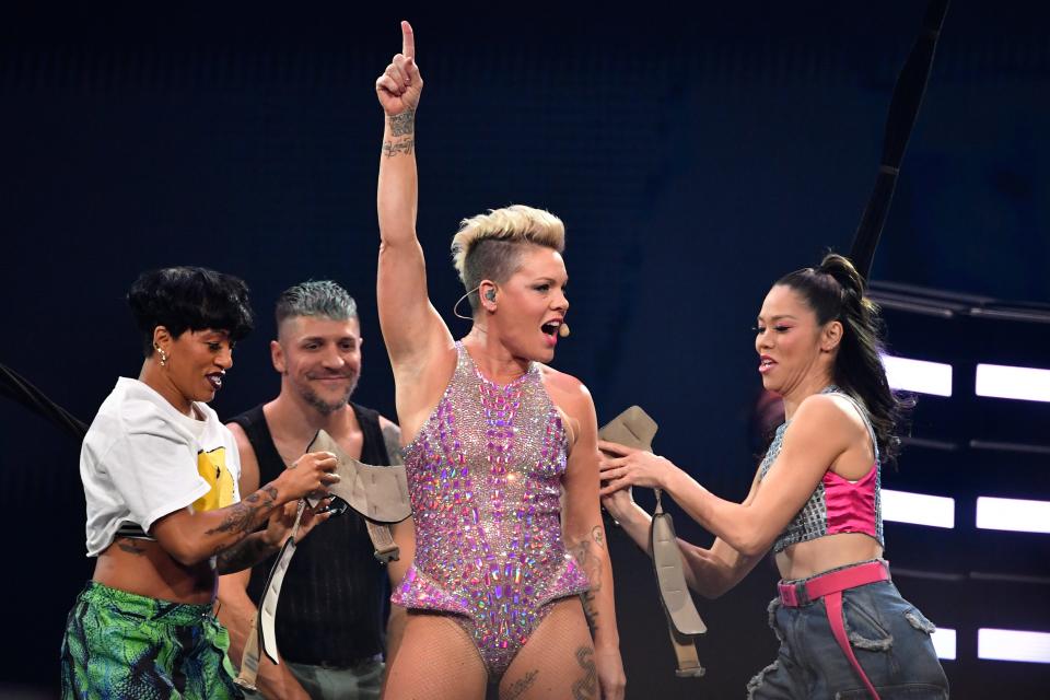 P!nk performs in concert at the KFC Yum! Center, Saturday, Nov. 11 2023 in Louisville Ky.