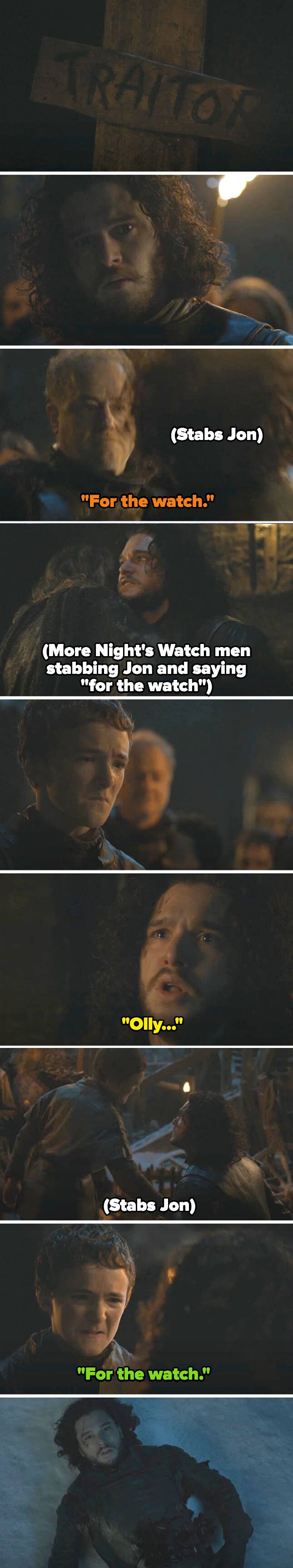 "Traitor" writing close-up, and Jon being stabbed by several Night's Watchmen and saying, "For the Watch"