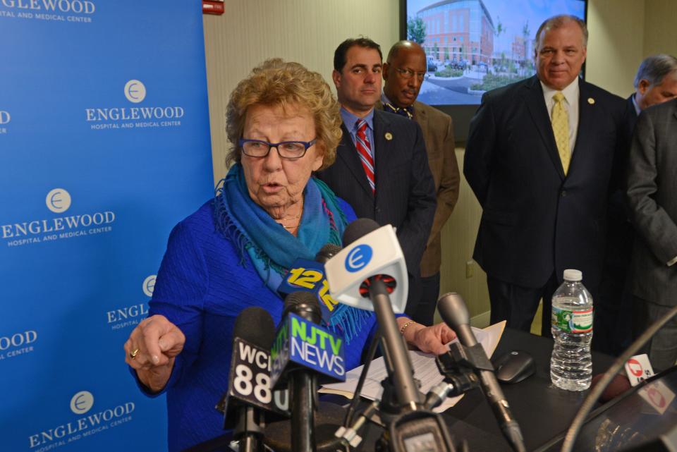 Englewood.11.12.2015: Senators Loretta Weinberg (foreground), Paul Sarlo (behind Weinberg), Steve Sweeney (right), at a press conference where Democrats call for funding the state Transportation Trust Fund and extending the Hudson-Bergen Light Rail into Bergen County.