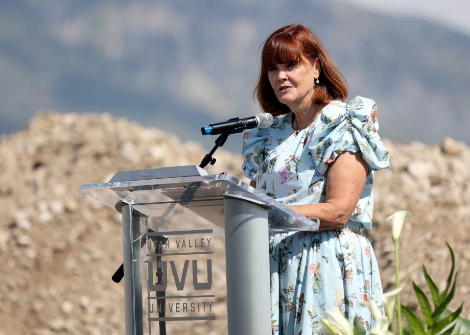 Karen Smith speaks during a groundbreaking ceremony for the Scott M. Smith College of Engineering and Technology Building at UVU in Orem on Thursday, Sept. 21, 2023. Smith and her husband, Qualtrics co-founder Scott M. Smith, gave UVU $25 million to help fund the engineering building. | Kristin Murphy, Deseret News