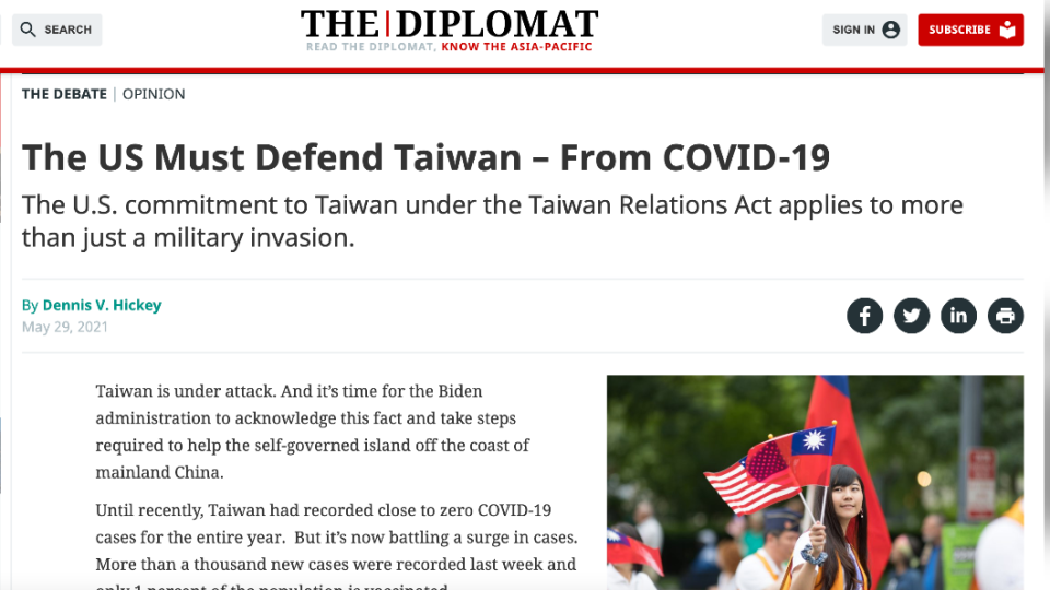 郝志堅《外交家》投書，指美國「必須」協助台灣對抗新冠肺炎。（圖／翻攝自外交家官網）