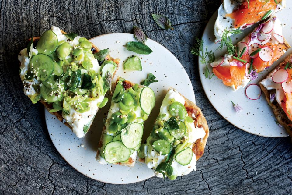 Flatbread with Fava Beans, Cucumbers, and Burrata