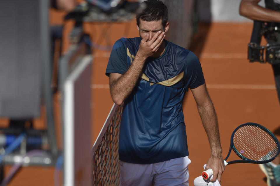 Facundo Diaz Acosta, of Argentina, reacts after his 6-6, 3-2 win over Federico Coria, of Argentina during an Argentina Open ATP semifinal tennis match, at the Guillermo Vilas Stadium, in Buenos Aires, Argentina, Saturday, Feb. 17, 2024. (AP Photo/Gustavo Garello)