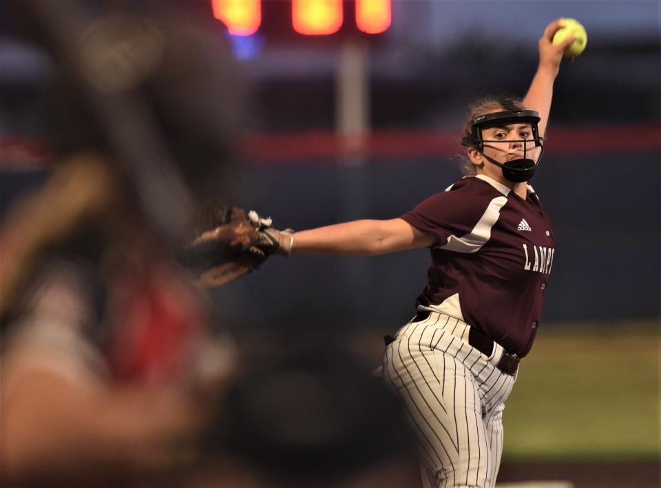 Eula pitcher McKenna Oglesby throws a pitch to an Aspermont batter in the second inning. Eula beat the Lady Hornets 8-5 in Game 1 of the best-of-three Region I-1A semifinal series Friday, May 13, 2022, at Cooper's Cougar Diamond.