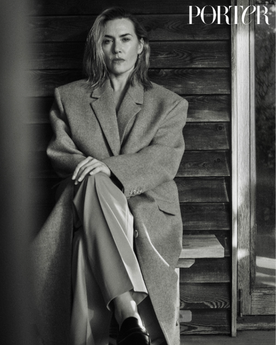 Kate Winslet wears coat, Magda Butrym; trousers, Toteme; shoes, Tod’s (Yulia Gorbachenko for PORTER)
