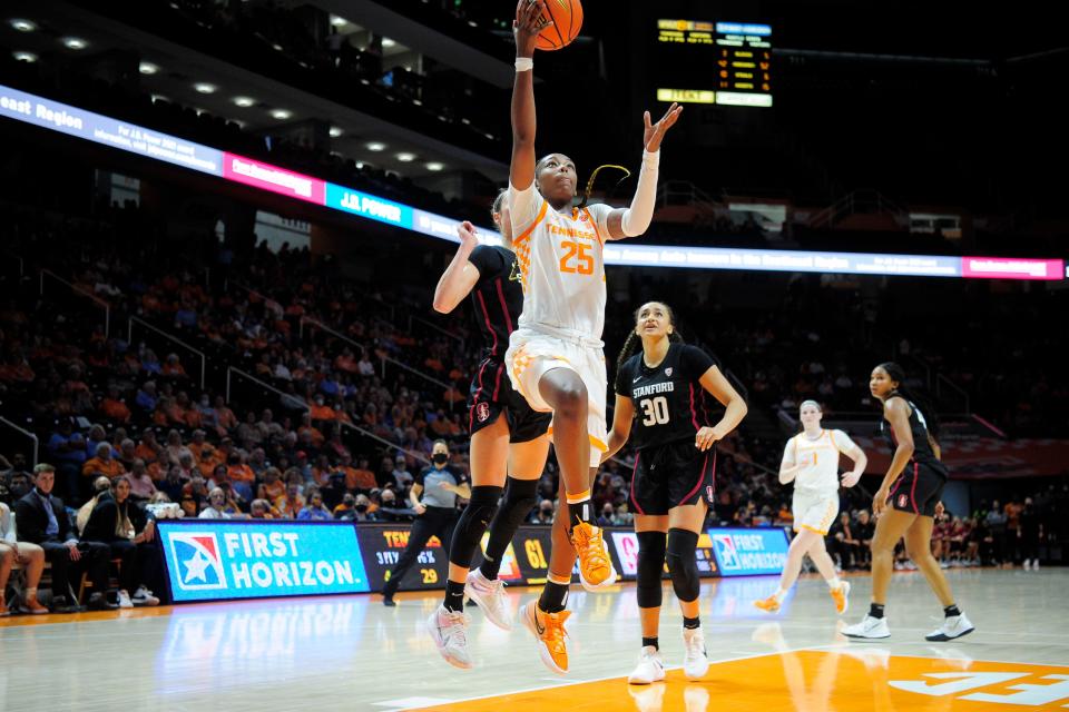 Tennessee guard Jordan Horston (25) shoots a layup during a game between Tennessee and Stanford at Thompson-Boling Arena in Knoxville, Tenn. on Saturday, Dec. 18, 2021.