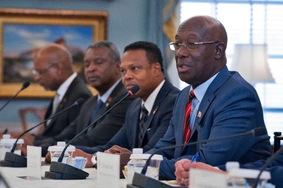 Trinidad and Tobago Prime Minister Keith Rowley, right, speaks during a meeting with Secretary of State Antony Blinken, not pictured, at the State Department, Monday, Jan. 29, 2024, in Washington. (AP Photo/Manuel Balce Ceneta)