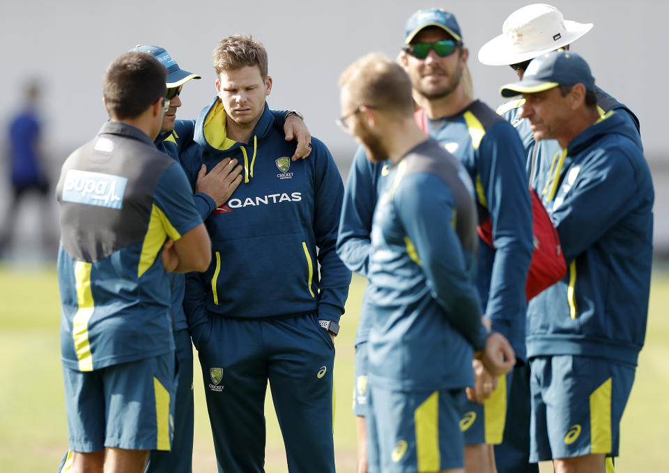 LEEDS, ENGLAND - AUGUST 20: Justin Langer, coach of Australia,  speaks to Steve Smith of Australia during the Australia Nets session at Headingley on August 20, 2019 in Leeds, England. (Photo by Ryan Pierse/Getty Images)