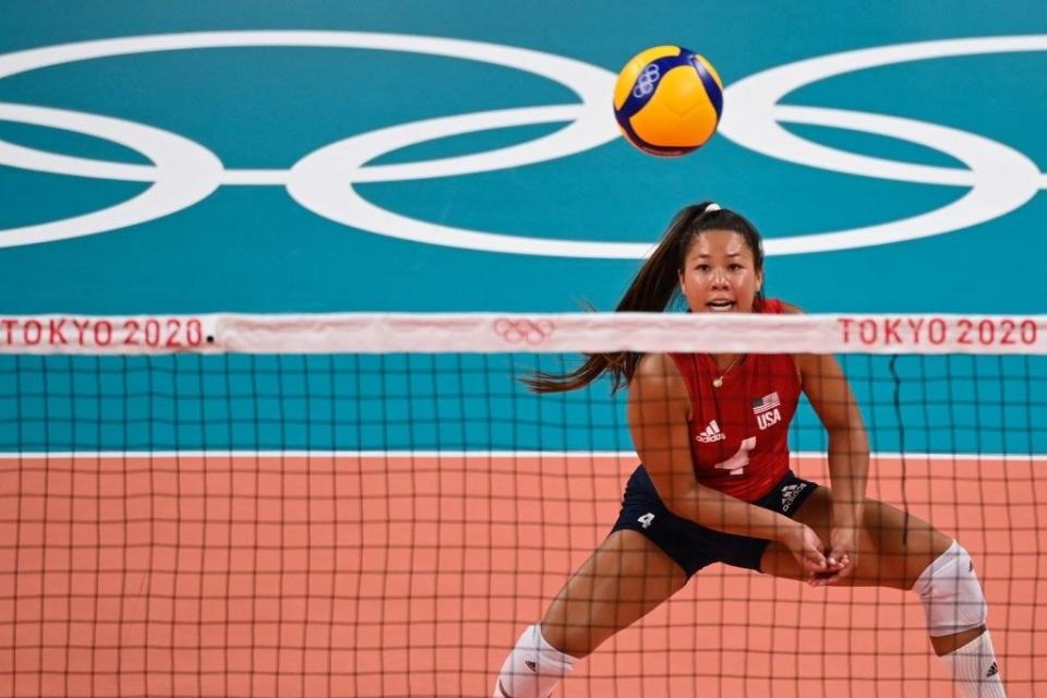 Wong-Orantes watching the ball in a women's volleyball match between USA and Argentina