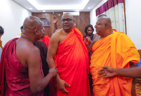 Buddhist monk Galagoda Aththe Gnanasara, head of the hardline Bodu Bala Sena (BBS) or "Buddhist Power Force", is seen at a temple after leaving the prison with Sri Lanka's president Maithripala Sirisena's pardon in Colombo, Sri Lanka May 23, 2019. REUTERS/Stringer