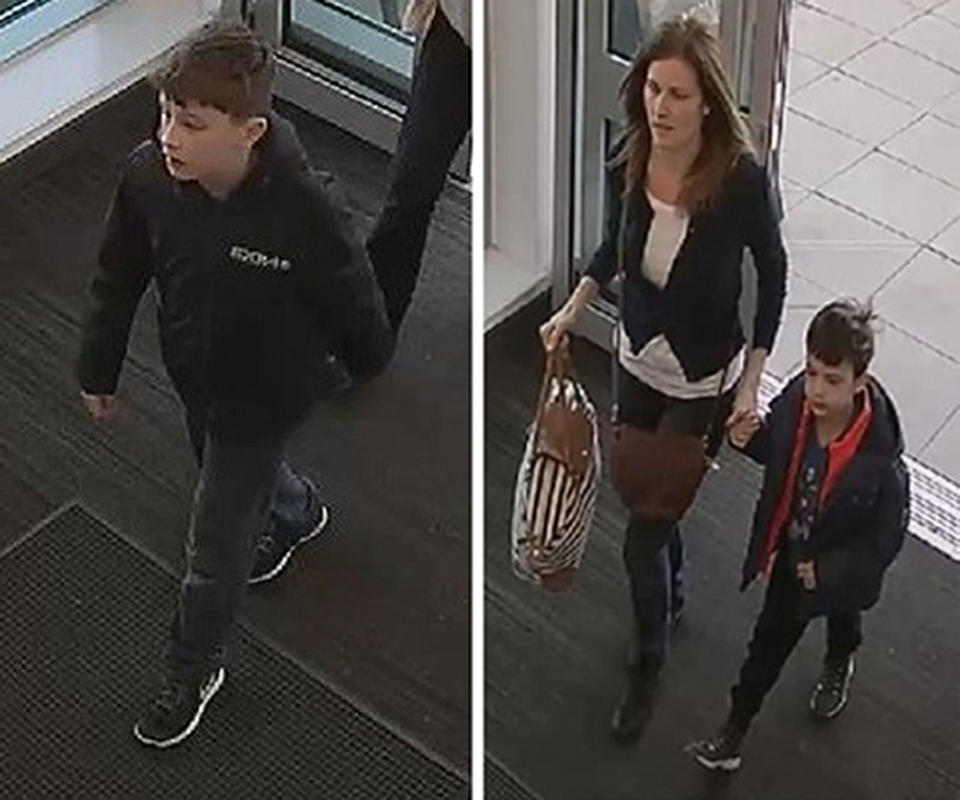 CCTV images of Louis Madge (left) with Samantha Baldwin and Dylan Madge, who have been found ‘safe’. (PA)