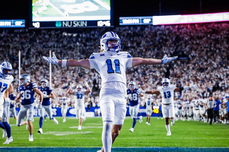 BYU's Parker Kingston celebrates after returning a punt for a touchdown against Kansas State on Sept. 21, 2024. | Jaren Wilkey/BYU PHOTO