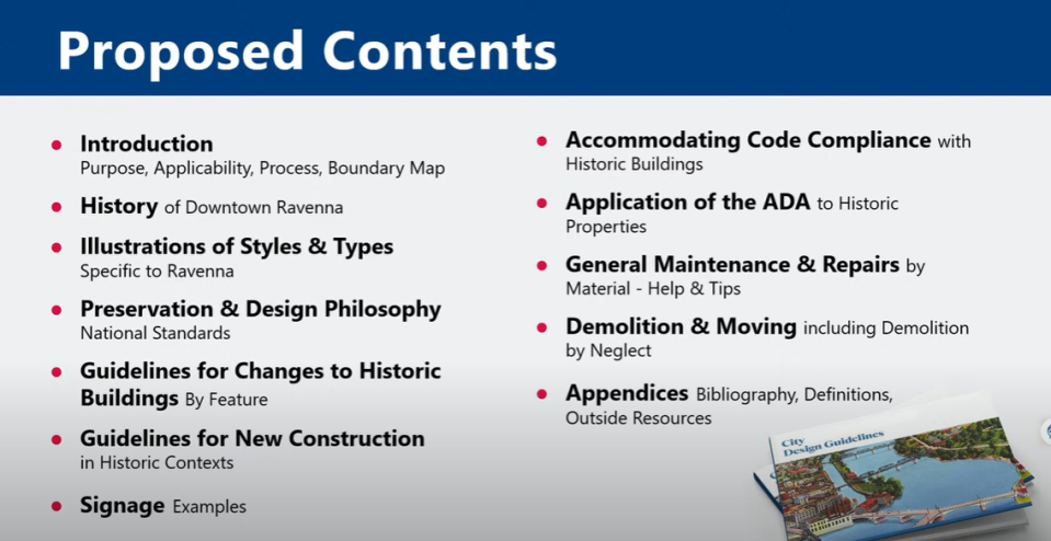 A slide from a presentation to Ravenna City Council shows what might eventually be included in the design guidelines for downtown Ravenna properties.