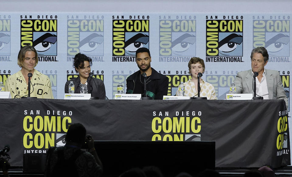 Chris Pine, Michelle Rodriguez, Regé-Jean Page, Sophia Lillis and Hugh Grant at the ‘Dungeons & Dragons: Honor Among Thieves’ panel - Credit: Kevin Winter/Getty Images