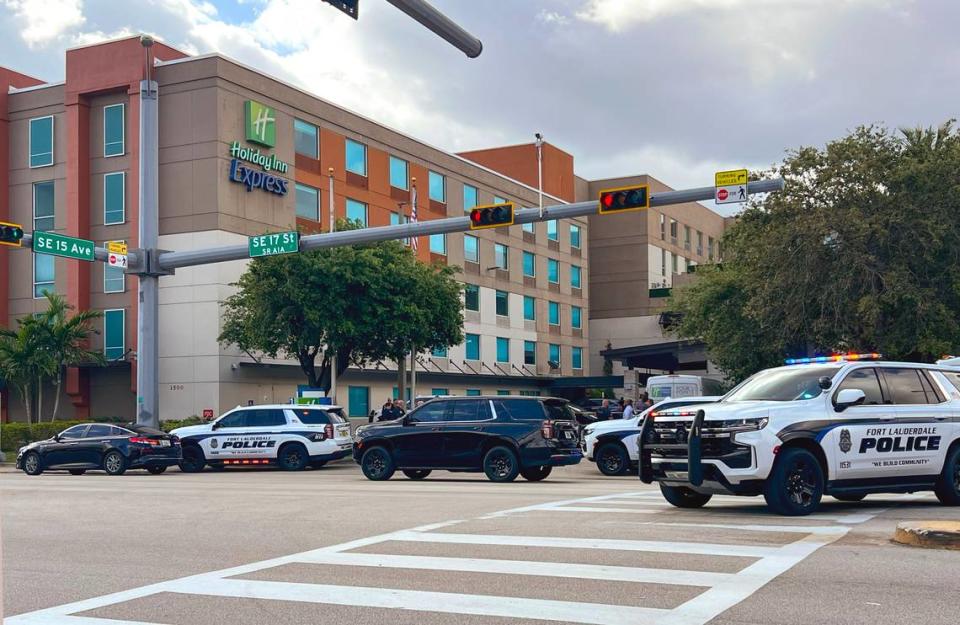 A Fort Lauderdale police officer was shot by a suspect near the Holiday Inn Express on Southeast 17th St. on Thursday morning, March 21, 2024.