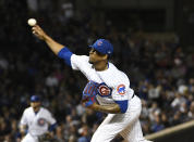 Chicago Cubs relief pitcher Pedro Strop (46) throws the ball against the Milwaukee Brewers during the ninth inning of a baseball game, Tuesday, Sept. 11, 2018, in Chicago. The Cubs won 3-0. (AP Photo/David Banks)