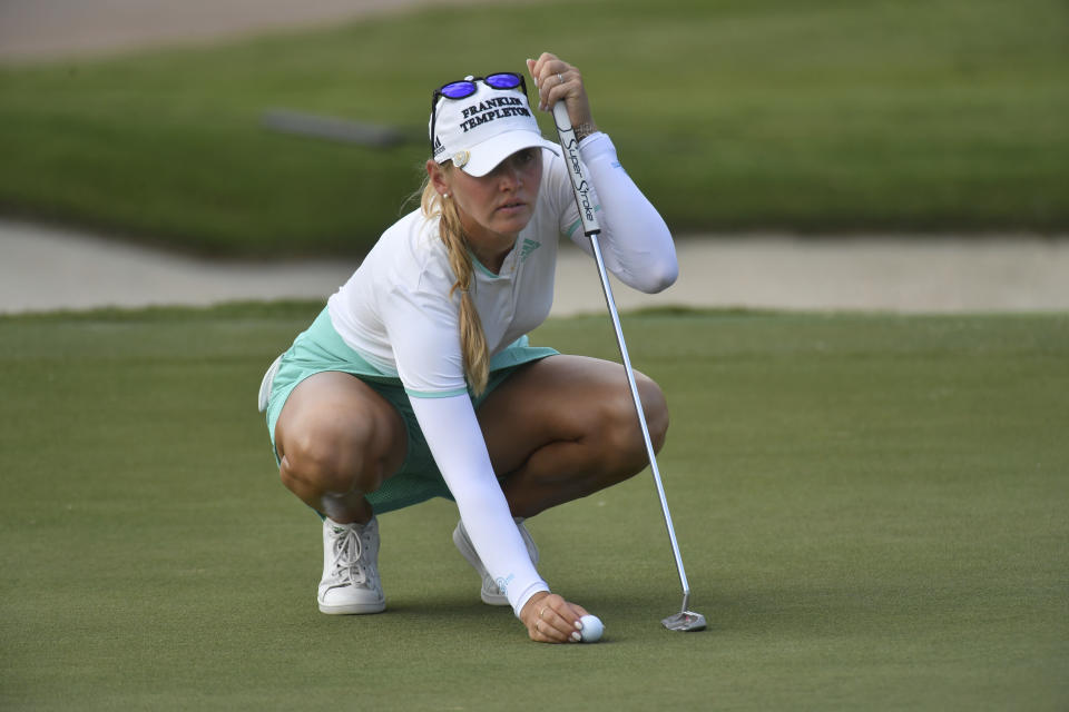 Jessica Korda lines up on the 10th during Round 1 of 2021 KPMG Women's PGA Championship at Atlanta Athletic Club in Johns Creek, Ga., Thursday, June 24, 2021. (Hyosub Shin/Atlanta Journal-Constitution via AP)