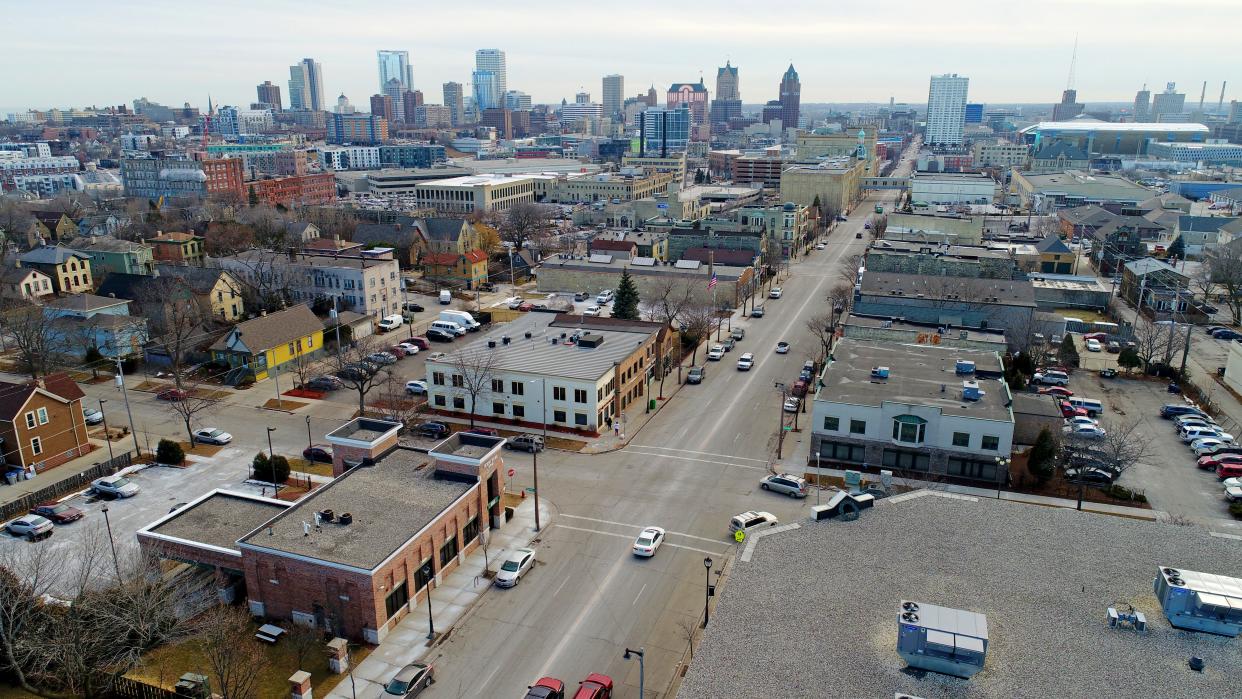 An aerial view from a drone of the Dr. Martin Luther King Dr. street looking south from W. Brown St. in Milwaukee.
