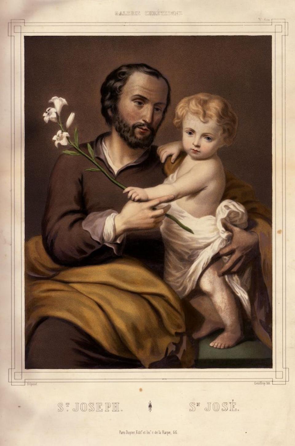 St. Joseph holds the infant Jesus and a lily, representing purity. <a href="https://www.gettyimages.com/detail/news-photo/circa-1-ad-st-joseph-or-san-jose-the-husband-of-the-virgin-news-photo/51244756?adppopup=true" rel="nofollow noopener" target="_blank" data-ylk="slk:Geoffroy/Hulton Archive via Getty Images;elm:context_link;itc:0;sec:content-canvas" class="link ">Geoffroy/Hulton Archive via Getty Images</a>