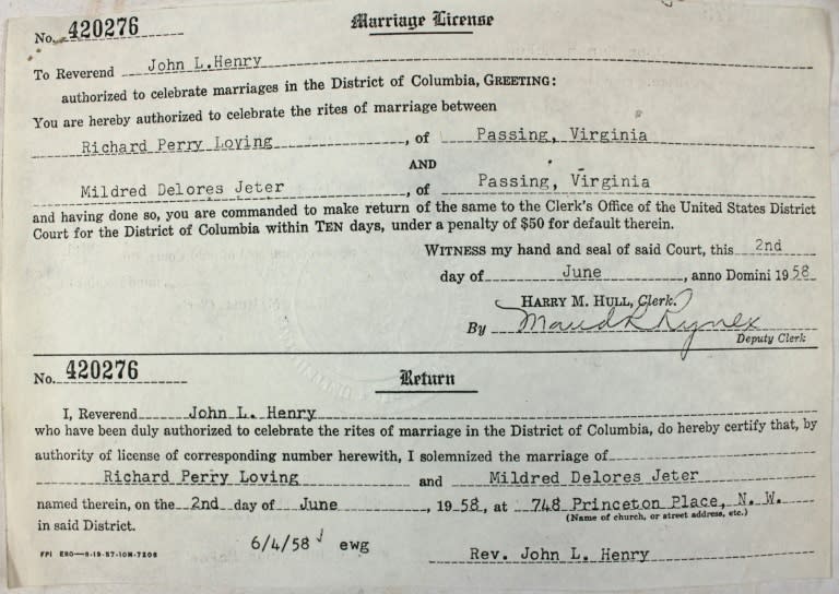 The June 2, 1958 marriage license of interracial couple Richard Loving and Mildred Jeter