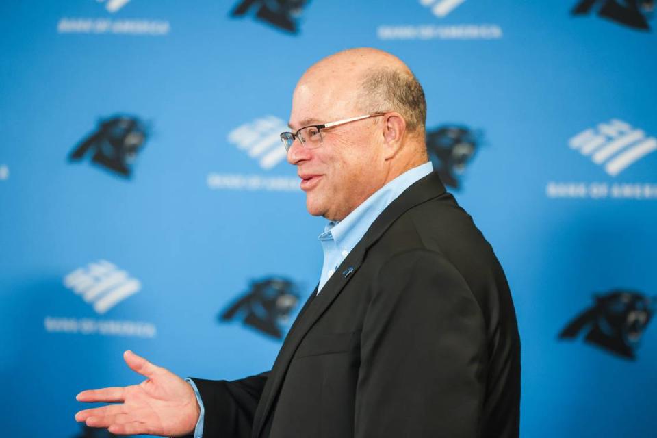 Team owner David Tepper speaks to media about the Panthers’ first round draft pick, quarterback Bryce Young, in the NFL Draft on Thursday, April 27, 2023. Melissa Melvin-Rodriguez/mrodriguez@charlotteobserver.com