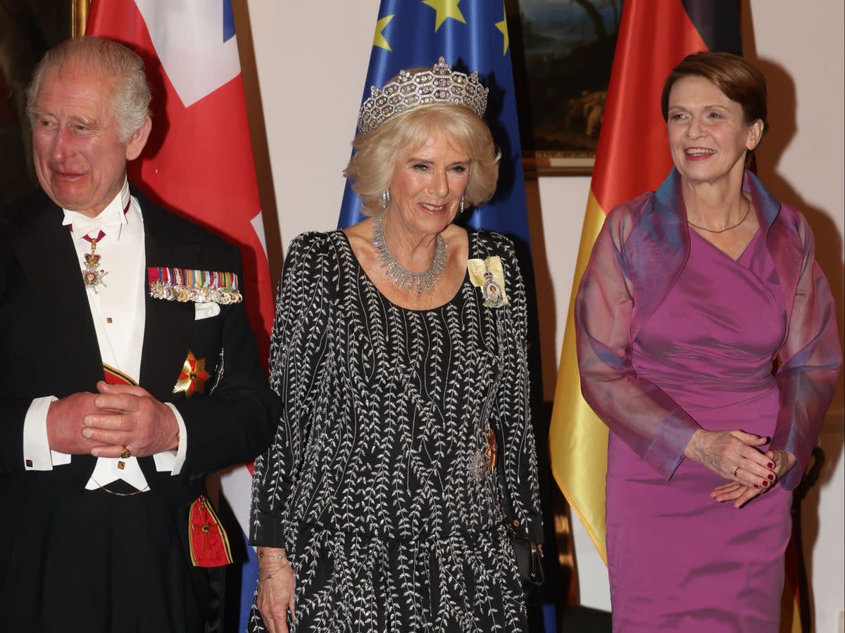 Charles and Camilla pictured with German President Frank-Walter Steinmeier’s wife, Elke Buedenbender (Getty Images)
