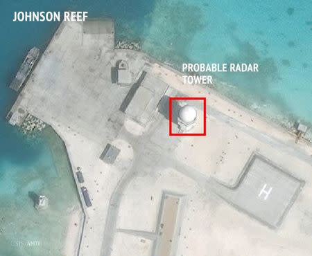 A satellite image released by the Asian Maritime Transparency Initiative at Washington's Center for Strategic and International Studies shows construction of possible radar tower facilities in the Spratly Islands in the disputed South China Sea in this image released on February 23, 2016. REUTERS/CSIS Asia Maritime Transparency Initiative/DigitalGlobe/Handout via Reuters